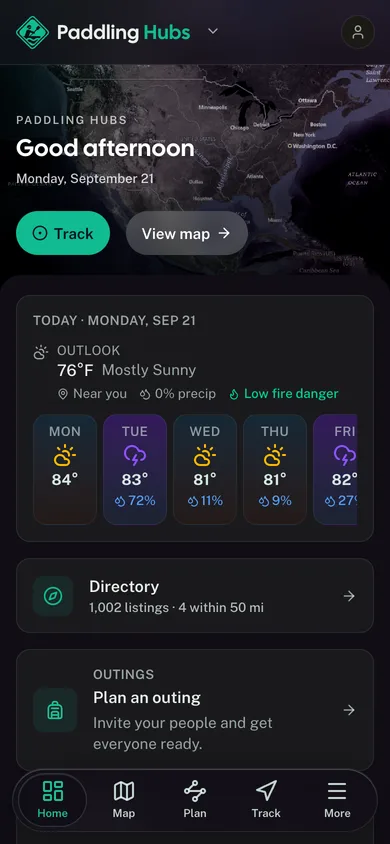 The Paddling Hubs app dashboard