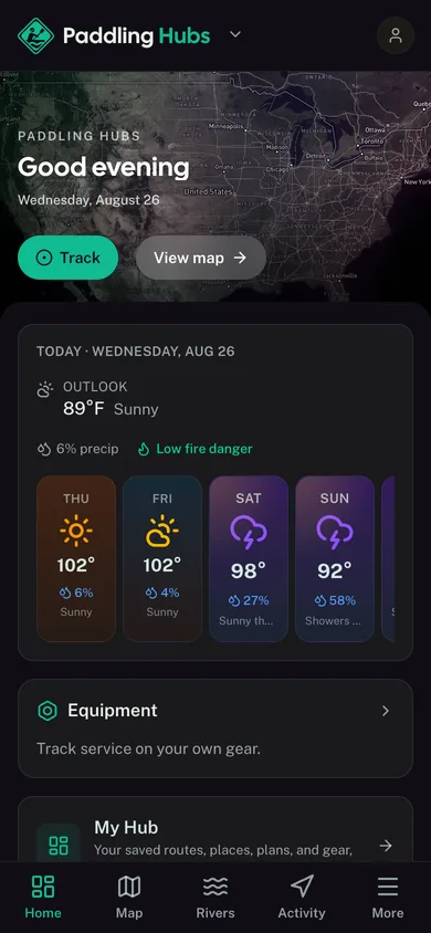 The Paddling Hubs app dashboard