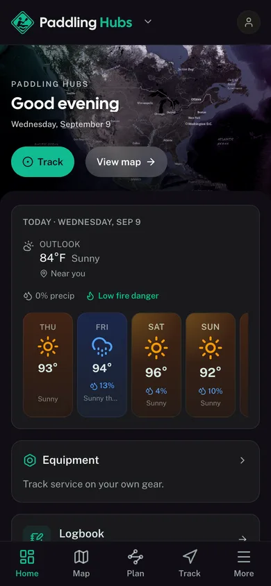 The Paddling Hubs app dashboard