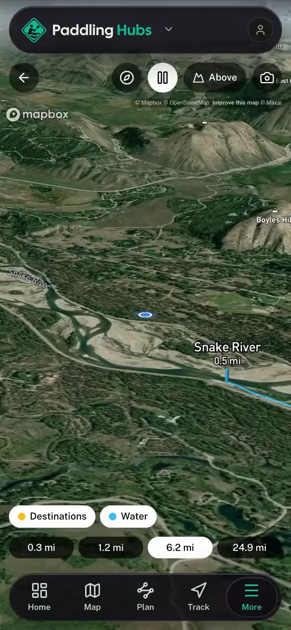 Nearby places standing on the real terrain in 3D in the Paddling Hubs app