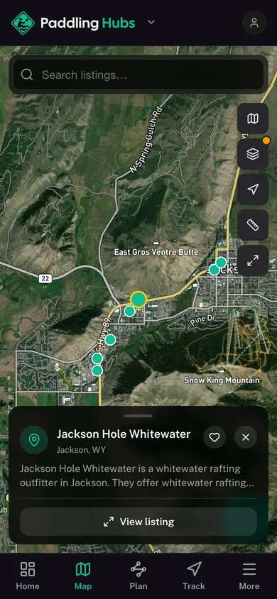Nearby places mapped in the Paddling Hubs app