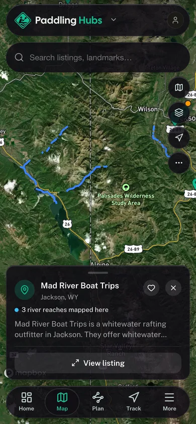 Nearby places mapped in the Paddling Hubs app