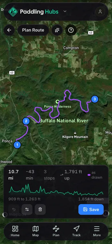 A planned route with its distance, stops and elevation profile in the Paddling Hubs app