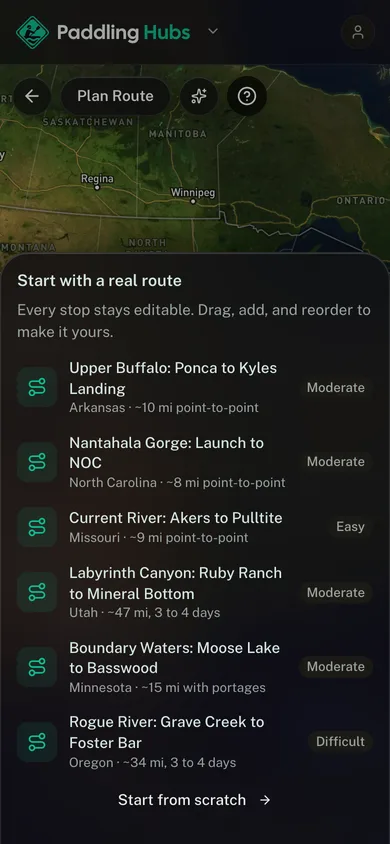 A planned route with its distance, stops and elevation profile in the Paddling Hubs app