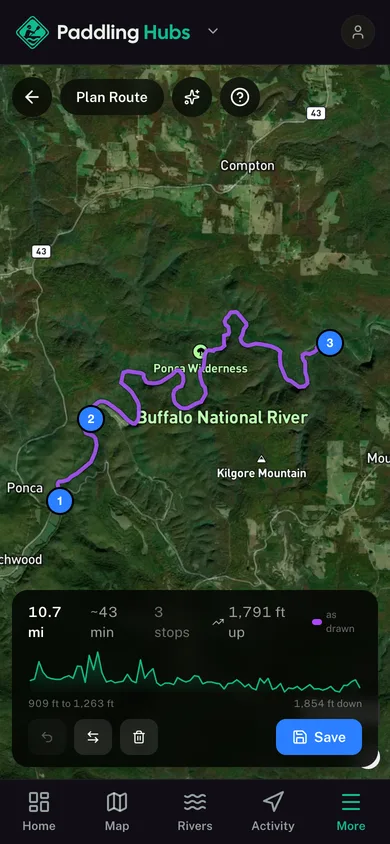 A planned route with its distance, stops and elevation profile in the Paddling Hubs app