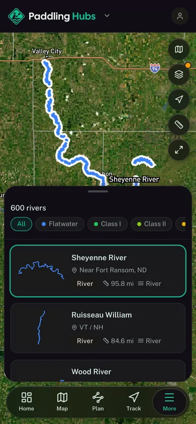 A river reach selected out of the mapped river network in the Paddling Hubs app