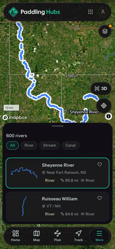 A river reach selected out of the mapped river network in the Paddling Hubs app