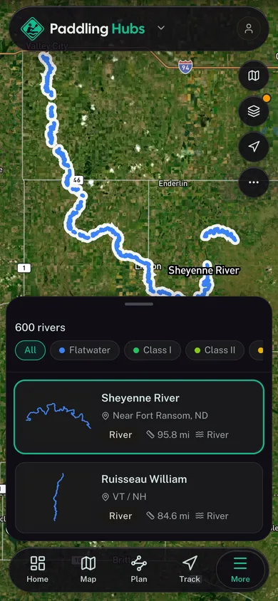 A river reach selected out of the mapped river network in the Paddling Hubs app