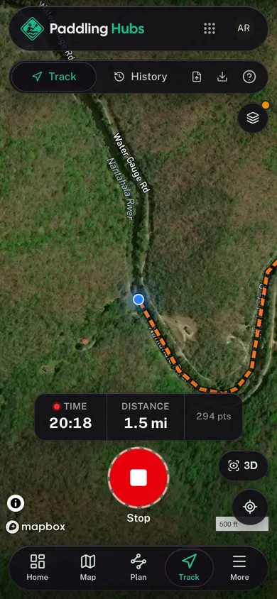 A trip being recorded live, with its line, time and distance in the Paddling Hubs app