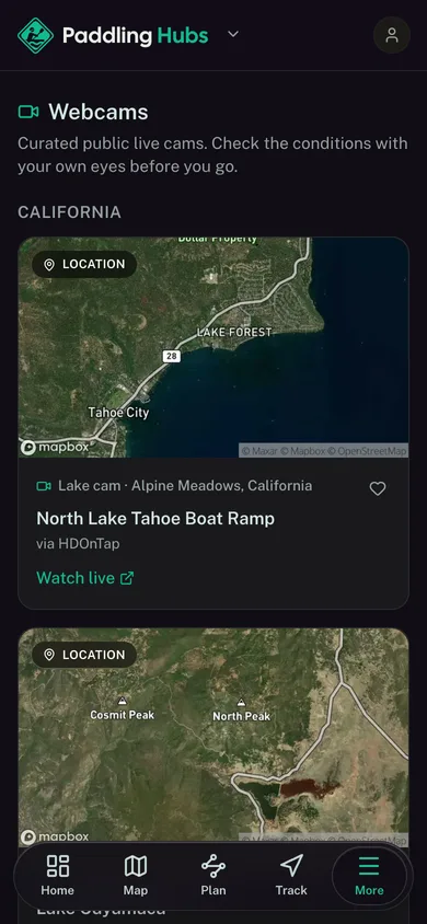 Live public webcams grouped by state in the Paddling Hubs app