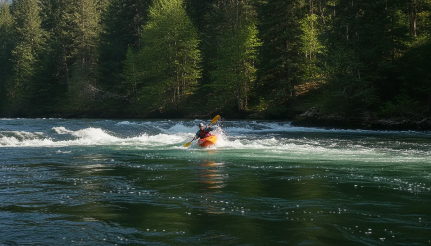 A kayaker in a small whitewater boat threading a Class II rapid, dropping through a smooth green tongue between standing waves with spray flying, forested riverbank beyond