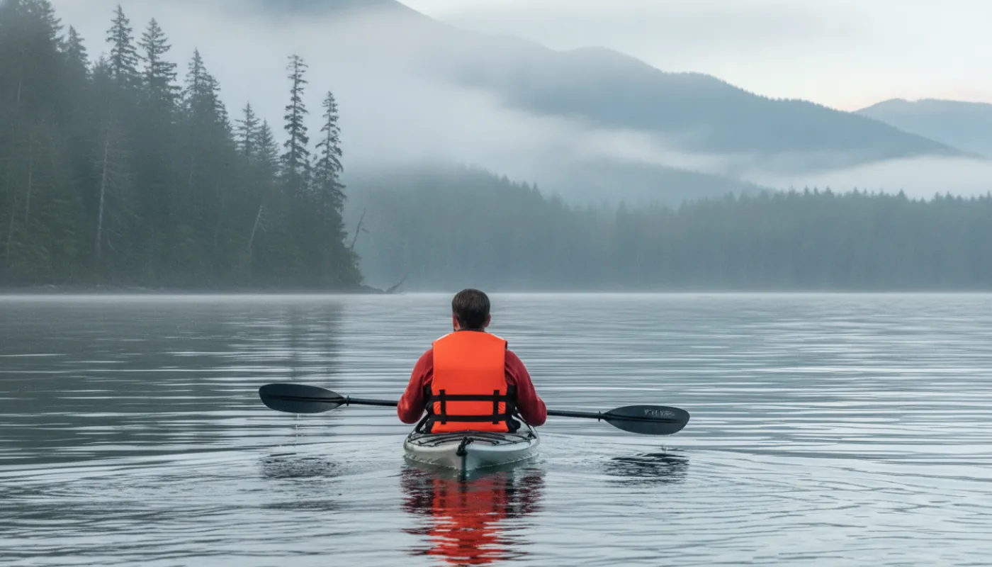 A paddler seen from behind in a snug paddling life jacket on cool gray water, the vest's straps and cutaway arm openings visible, a misty shoreline ahead