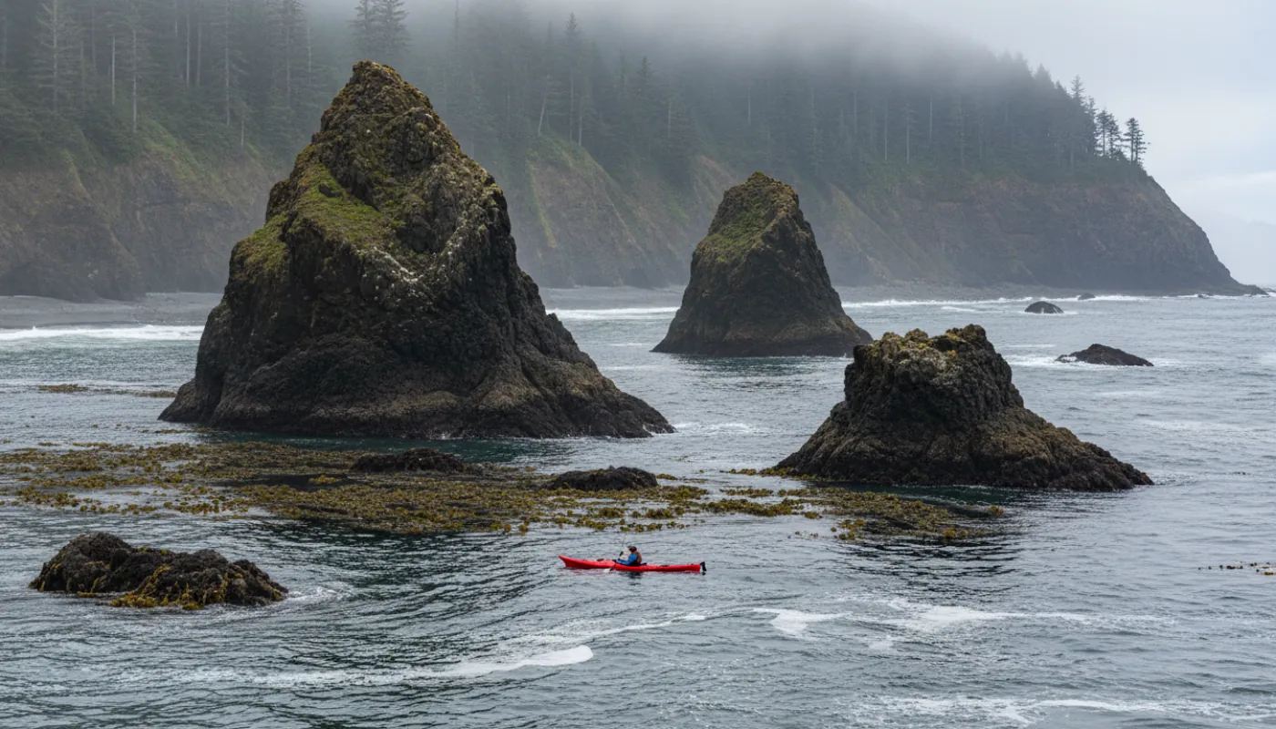 A lone sea kayaker paddling beneath towering Pacific-coast sea stacks and cliffs, kelp beds and gray-blue swell around them, fog softening the headlands behind