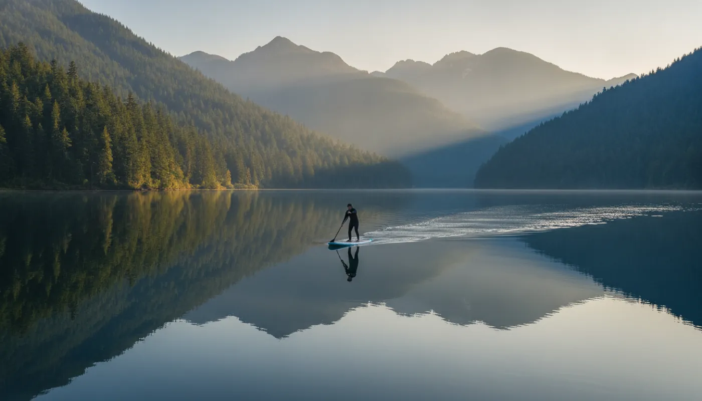 A stand-up paddleboarder gliding across a glassy calm lake at dawn with forested mountains mirrored in the still water, a long clean paddle stroke trailing ripples