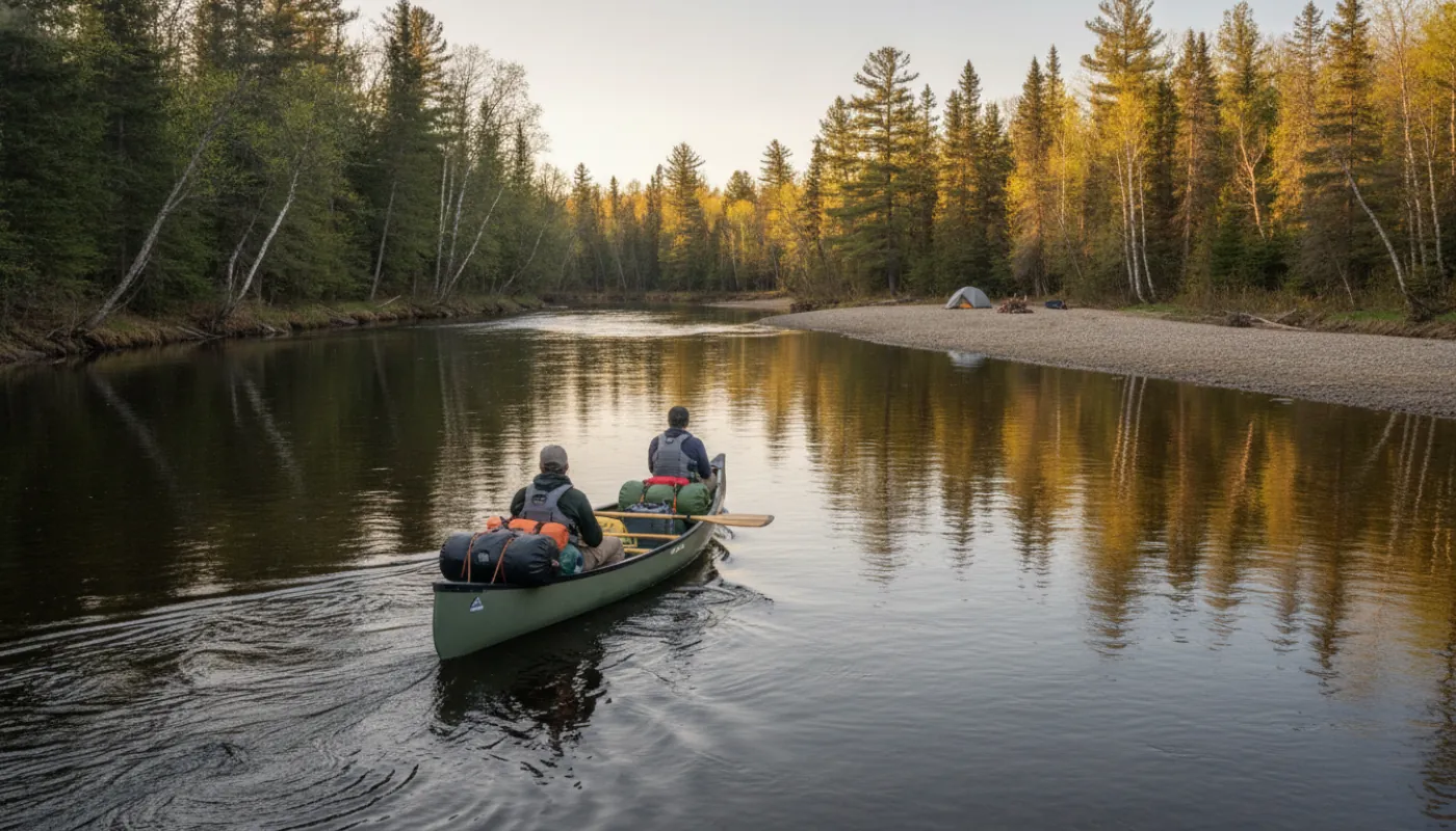 A loaded tandem canoe packed with dry bags gliding down a calm wilderness river at golden hour, forested banks reflected on the water, a distant gravel-bar campsite