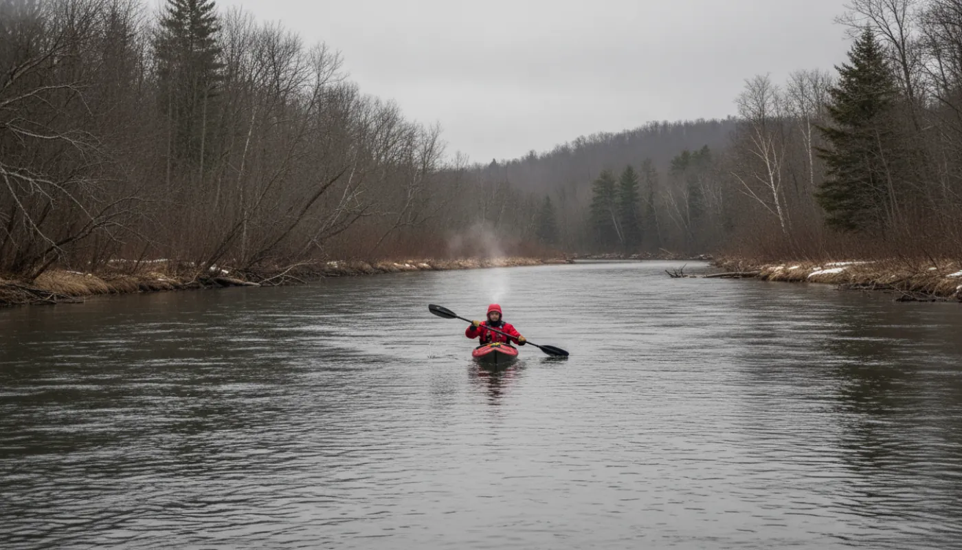 A kayaker in a drysuit on steel-gray cold water under an overcast sky, faint breath fog in the air, a bare-branch shoreline, the raw feel of early-spring cold