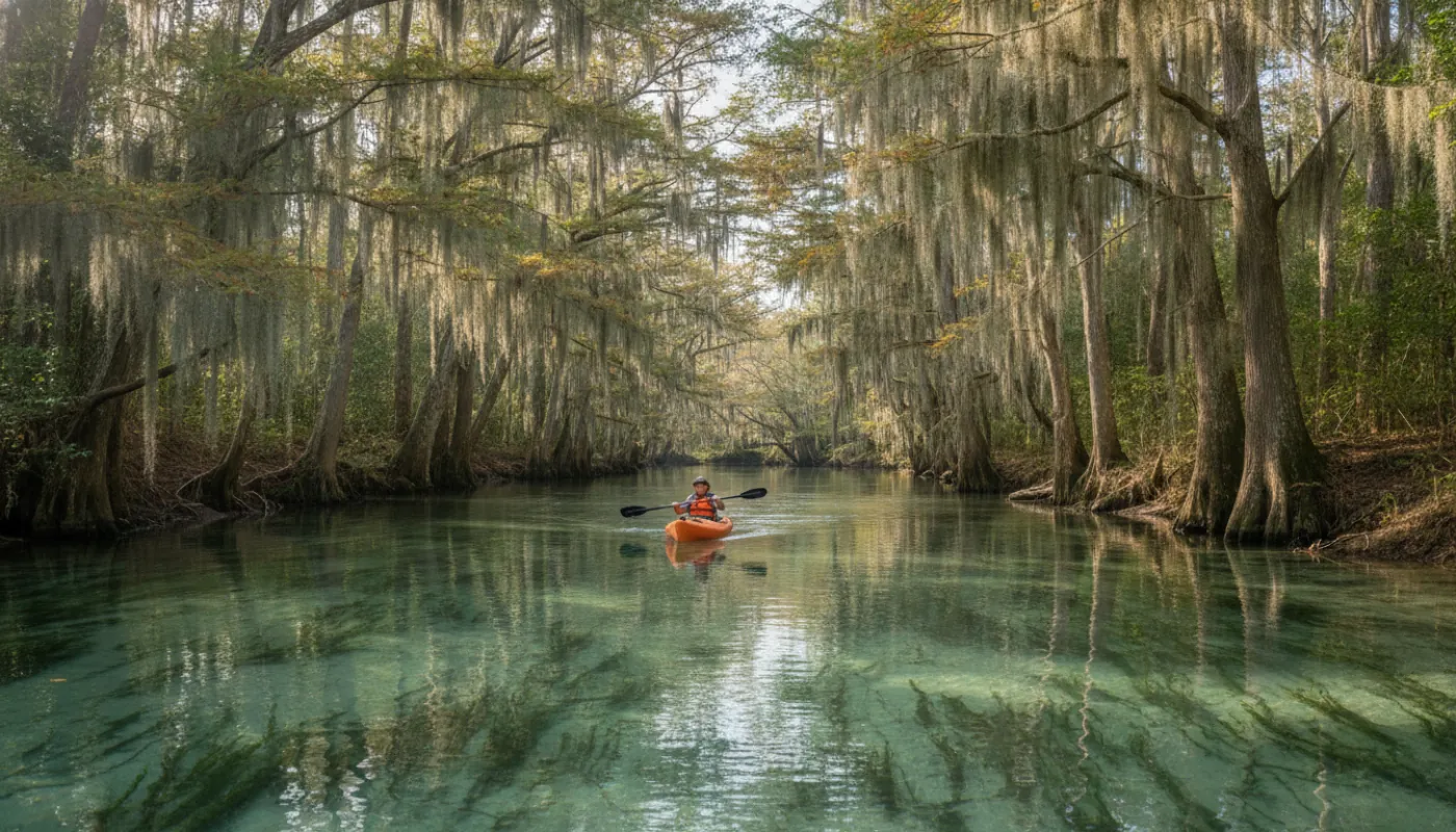 A kayaker on a mirror-clear spring-fed river winding through cypress trees hung with Spanish moss, the white sandy bottom visible through the water, dappled light