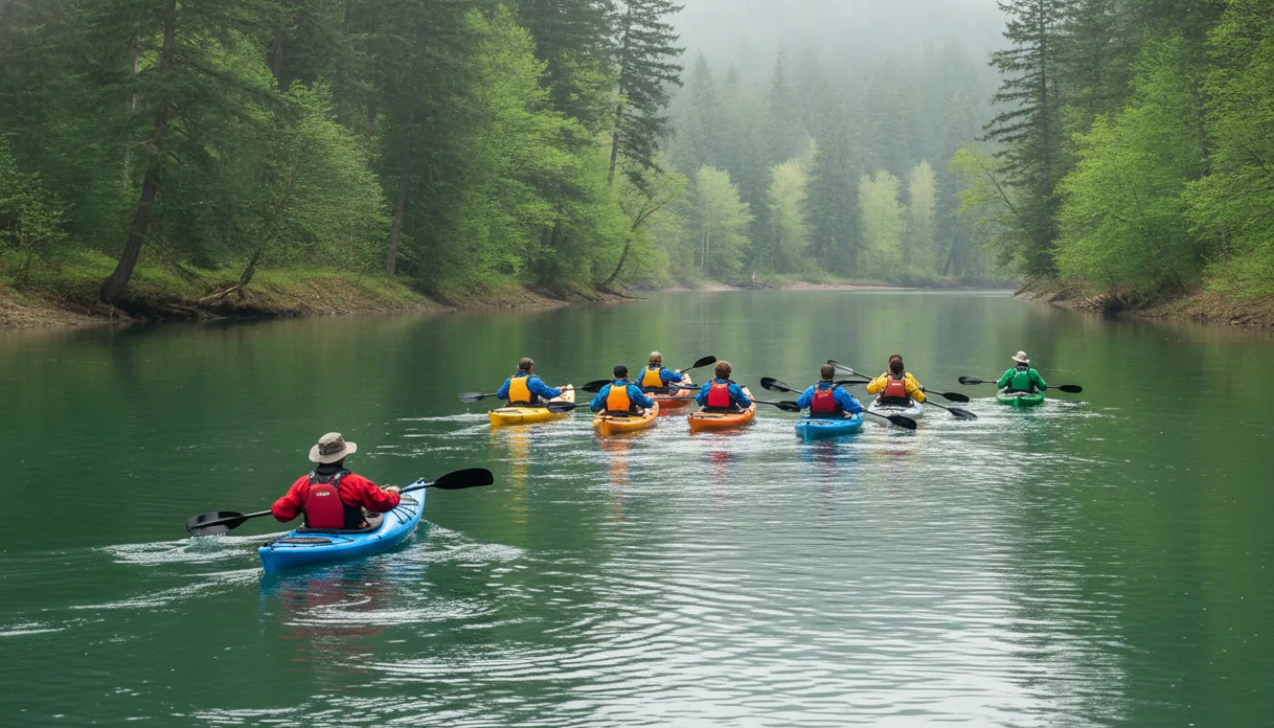 A guided group of six sea kayaks paddling in a loose pod on calm green water, the lead guide angled back toward the group with a paddle raised, a second guide trailing at the rear, low forested shoreline behind