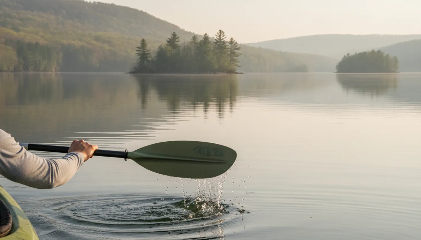 A kayak paddle blade dipping into calm water mid-stroke with droplets falling from the edge, the paddler's hands on the shaft, a quiet lake reflection behind
