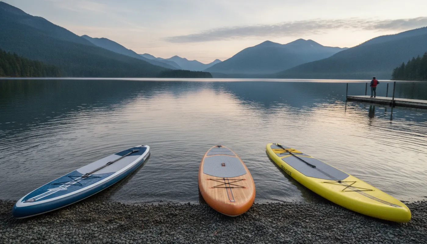 Three stand-up paddleboards of visibly different widths resting side by side on a lake shoreline, a narrow touring board next to a mid-width all-around board next to a wide flat platform board, calm water behind