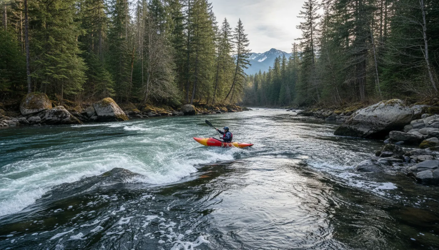 A kayaker carving across an eddy line on a river, the boat edged and paddle braced into the current seam, foam and swirling water marking the boundary, a rocky bank
