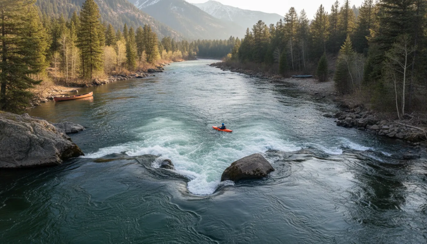 A river rapid seen from above showing a clear downstream V of smooth water pointing between two rocks, standing waves below it and a churning hole off to one side