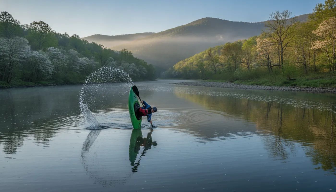 A whitewater kayaker mid-roll on calm water, the boat rolled up onto its edge and the paddle sweeping a wide arc across the surface, a fan of spray rising