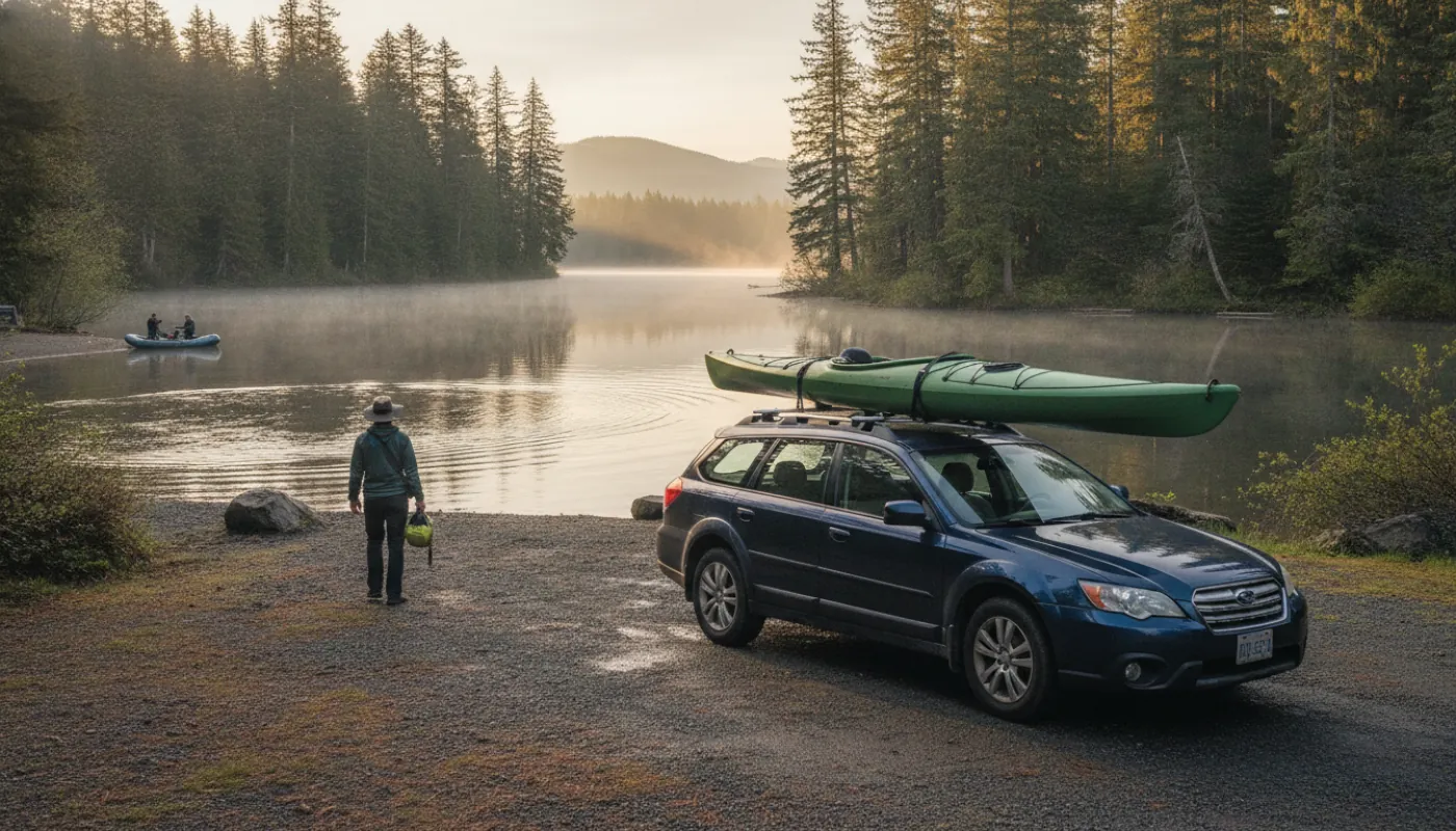 A sea kayak strapped upright in J-cradles on a car's roof crossbars at a quiet put-in parking area, cam straps cinched over the hull, soft morning light