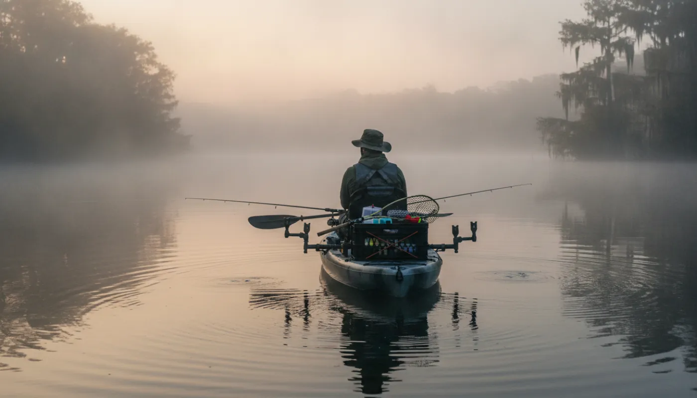 An angler on a rigged sit-on-top fishing kayak on glassy water at dawn, rod holders and a crate of tackle behind the seat, mist rising off a still lake