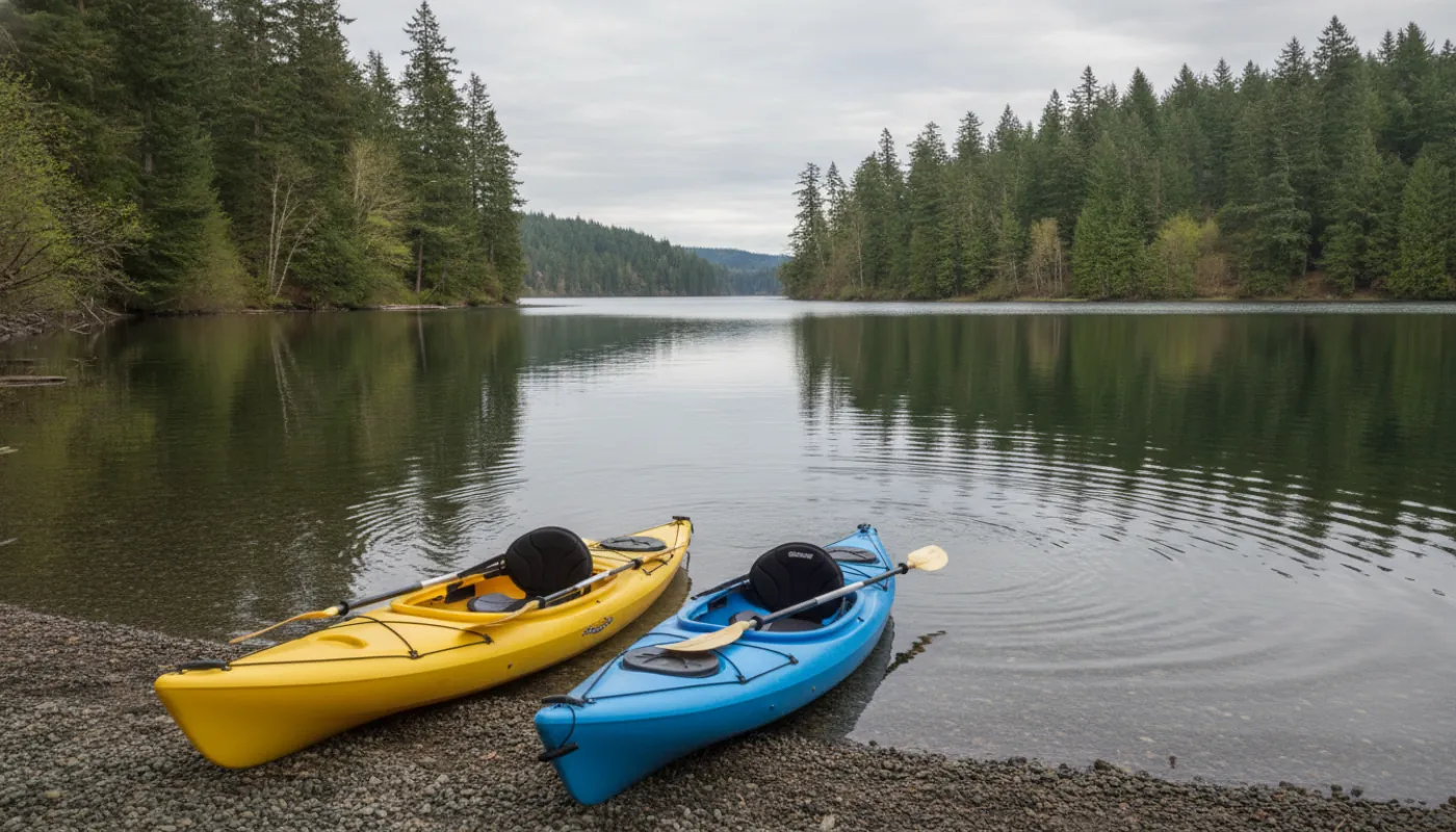 Two kayaks resting side by side on a calm lake shore, an open sit-on-top with a molded deck seat and a sit-inside with an enclosed cockpit, still water and trees behind