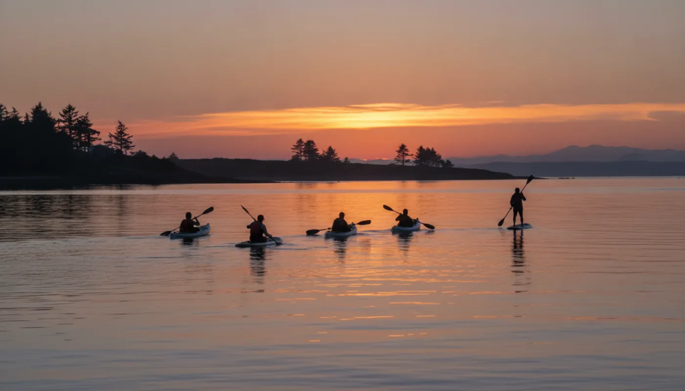 A small group of kayaks and stand-up paddleboards silhouetted on a glassy harbor at dusk, warm orange light low on the horizon behind them, water almost perfectly still