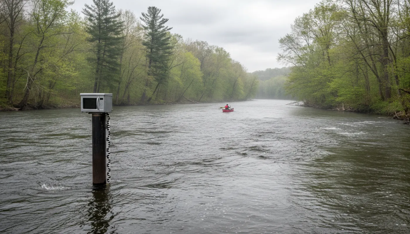 A river gauging station: a small metal instrument housing on a piling above a flowing river, a slim measurement staff at the waterline, riffled current and forested banks