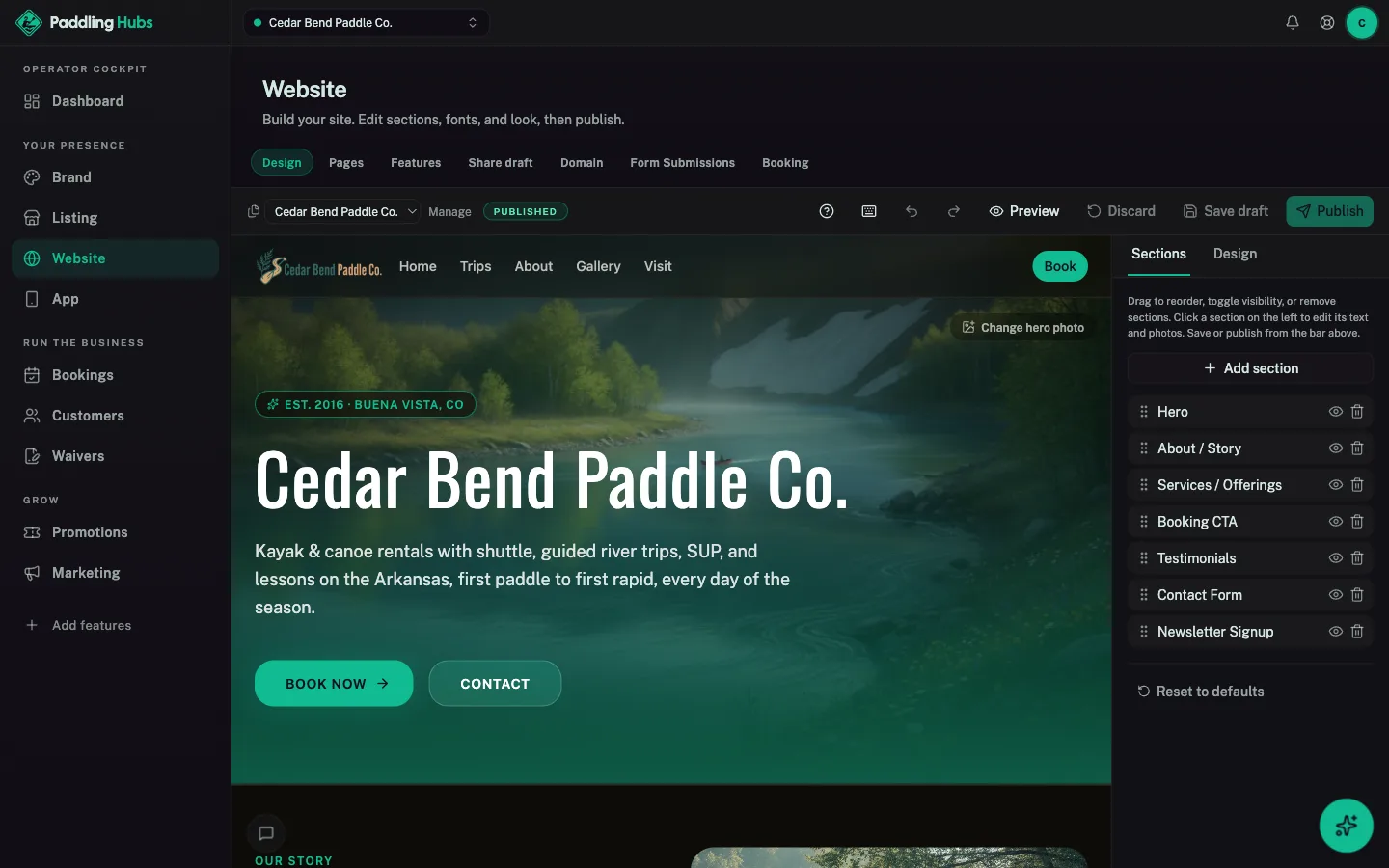 Paddling Hubs cockpit: Website builder